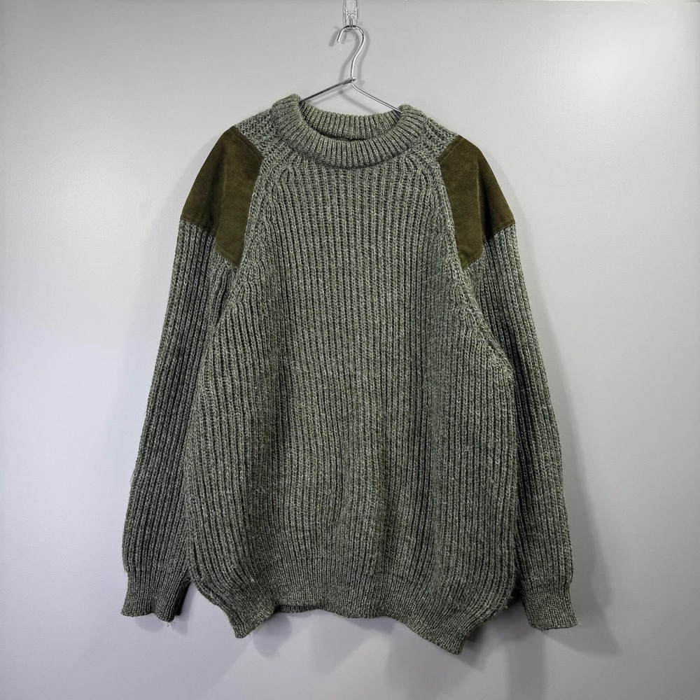Niffi Sweater Mens XL Green Wool Suede Shoulder Patches Pullover Made England